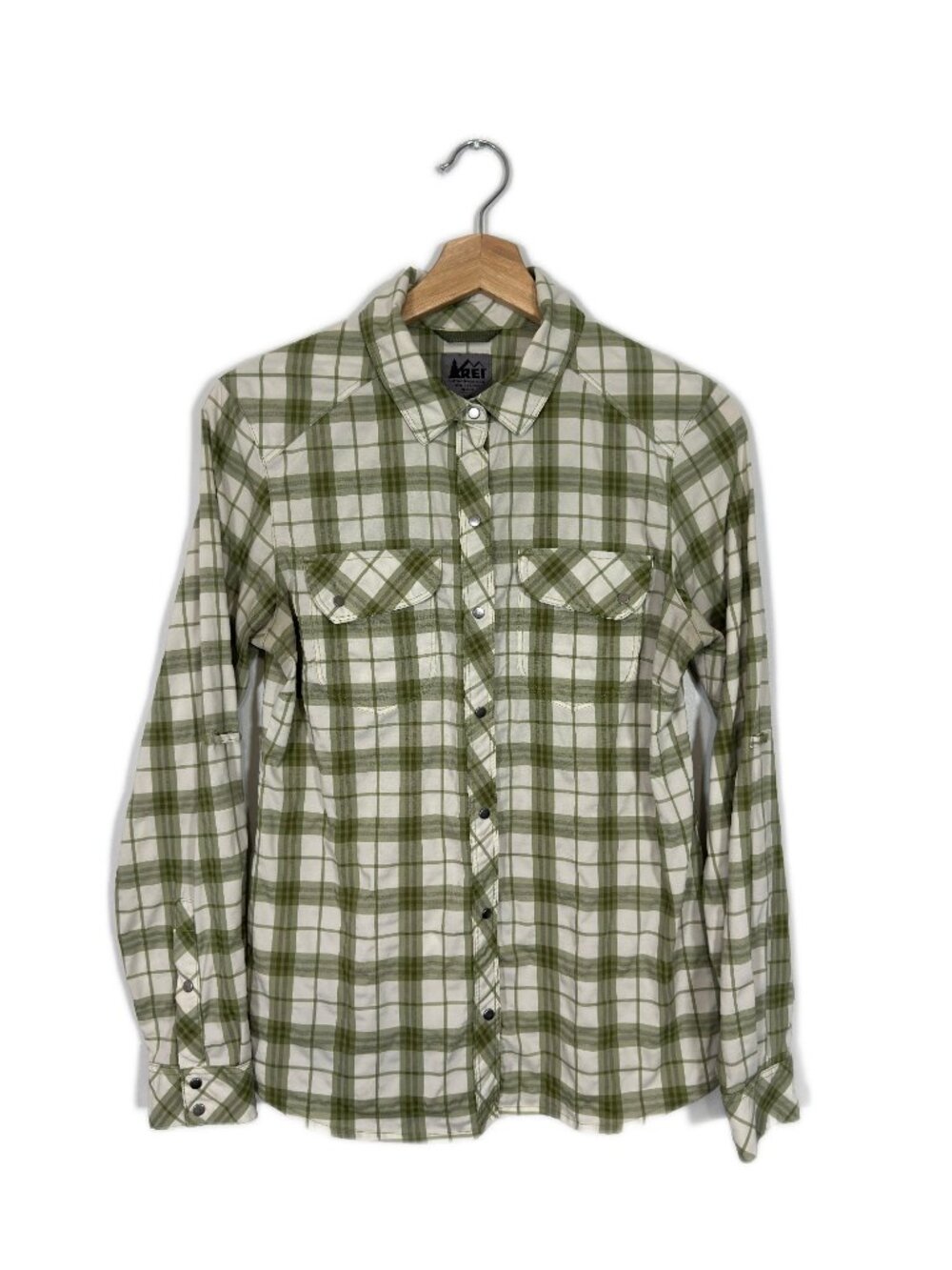 REI Plaid Snap Front Shirt Size XS Green Granola Western Outdoor Hiking Fall